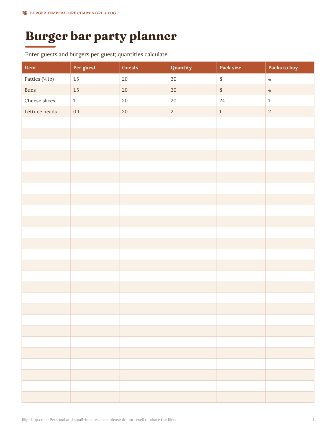 Preview of the first page of Burger bar planner (XLSX)